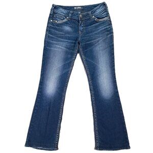 Silver Suki Jean Women 32x30, Tag 29x33 Mid Boot Blue Embellished Flaps Distress
